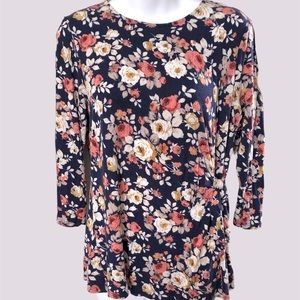 Navy Blue Floral Stretch Top w/Side Tie